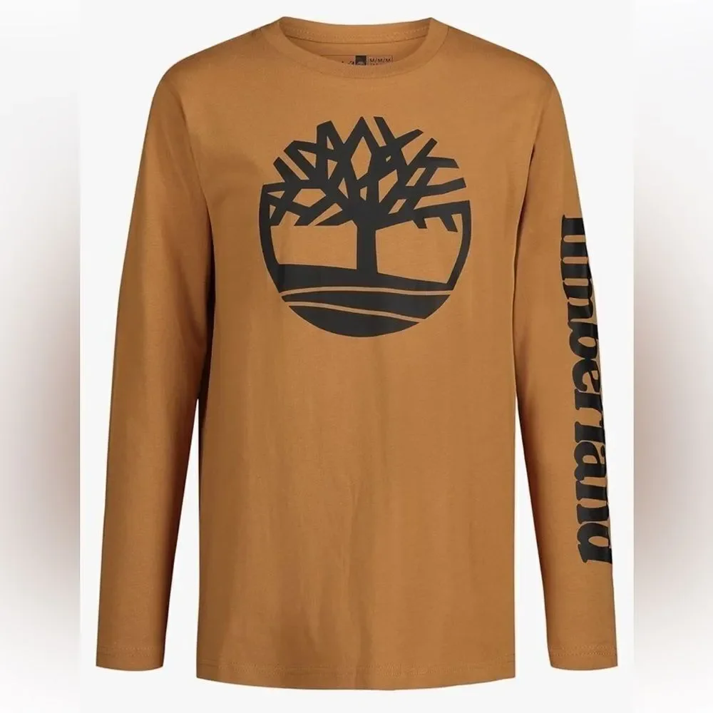 Timberland LG 14/16 Brown Long Sleeve Logo TShirt Cotton Casual Crew Neck shirt